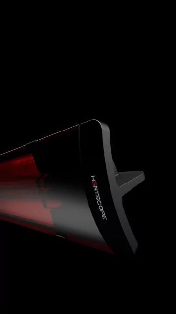 Heatscope Heaters Pure 3000W Radiant Heater close‑up shows ceramic glass electric infrared panel, Detail Shot CGI.